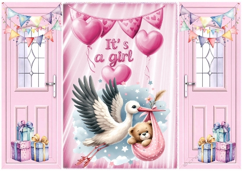 Lovely Gatefold Newborn Baby Girl Pink With Stork 