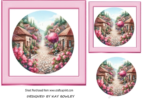 Pink Floral Scene 7x7 Card Front, (THREE)