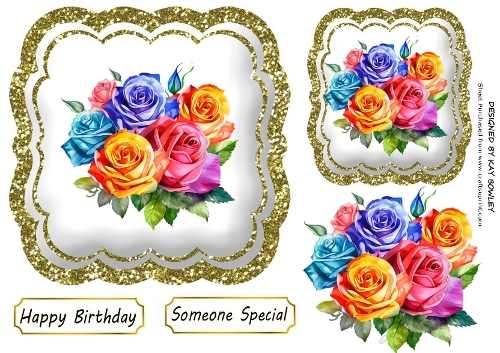Pretty Rainbow Roses In Gold Glitter Topper (ONE)