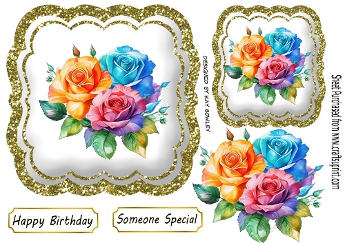 Pretty Rainbow Roses In Gold Glitter Topper (TWO)