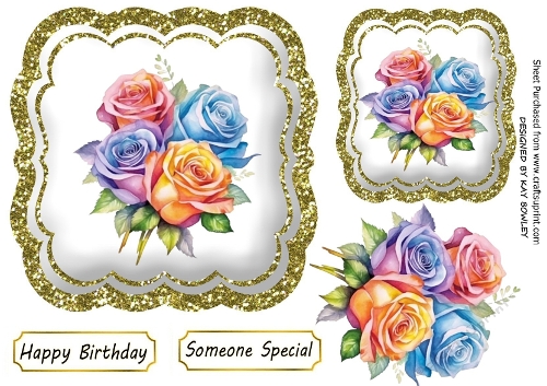 Pretty Rainbow Roses In Gold Glitter Topper (THREE)