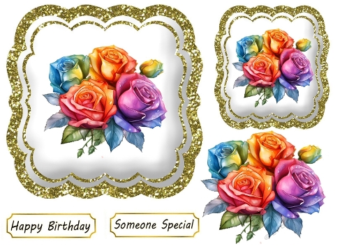 Pretty Rainbow Roses In Gold Glitter Topper (FOUR)