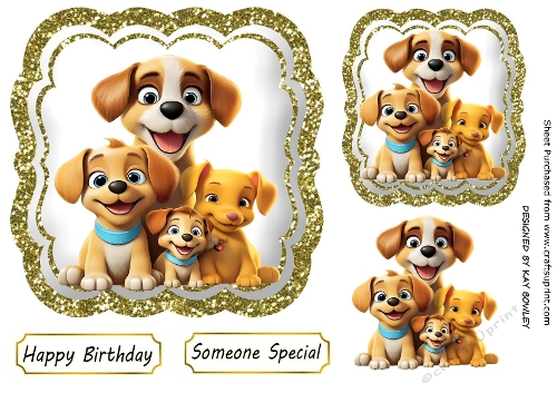 Cute Puppies In Gold Glitter Ornate Toppers (TWO)