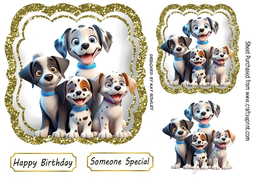 Cute Puppies In Gold Glitter Ornate Toppers (FOUR)