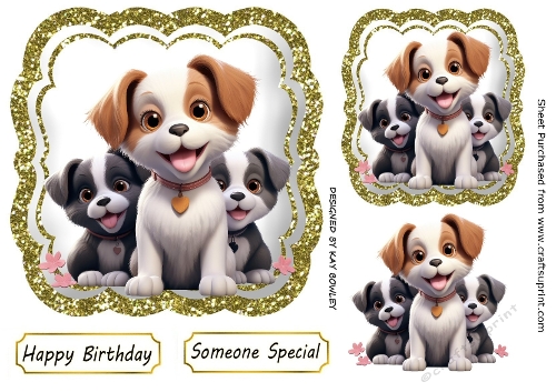 Cute Puppies In Gold Glitter Ornate Toppers (THREE)