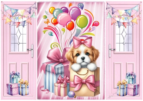  Pink Gatefold, With Cute Puppy Birthday Gifts  (ONE)