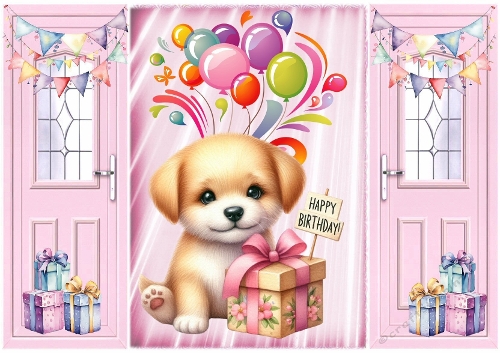 Pink Gatefold, With Cute Puppy Birthday Gifts  (THREE)