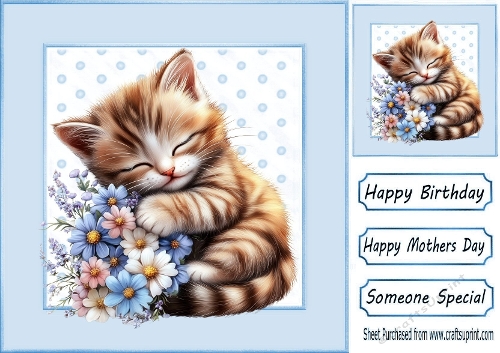 Cute Kitten With Flowers In Polkadot 8X8 Toppers (ONE)