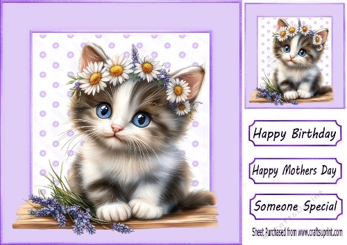 Cute Kitten With Flowers In Polkadot 8X8 Toppers (FIVE)
