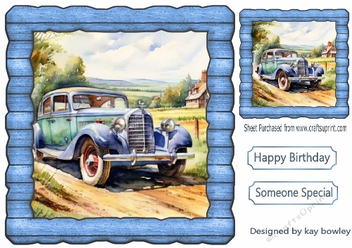 Lovely Vintage Car In Blue Wood Effect 8X8 Frame (THREE)