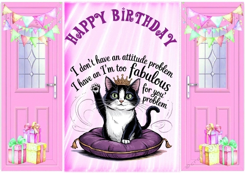 Pink Gatefold, With Humour Caption Cheeky Cat, Balloons & Gifts (ONE)