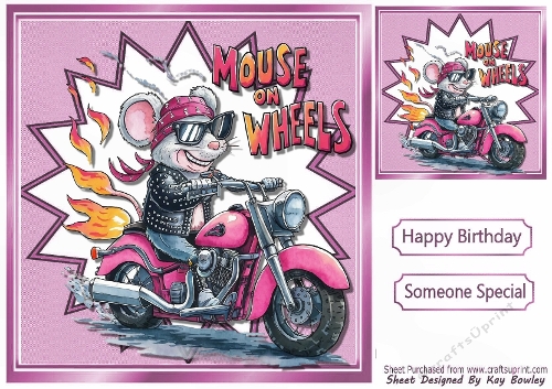 Funky Pink 8X8 Card Front/Topper, Mouse On Bike