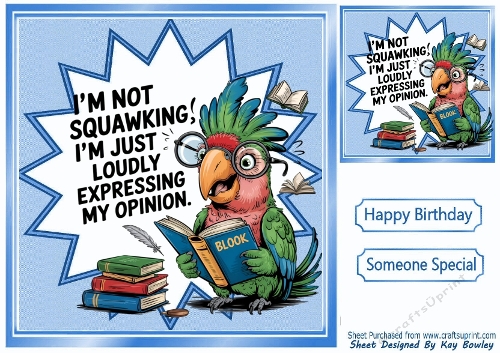 Funky Blue 8X8 Card Front/Topper With Cheeky Parrot