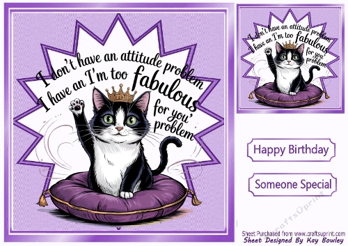 Funky Purple 8X8 Card Front/Topper With Cat On A Cushion