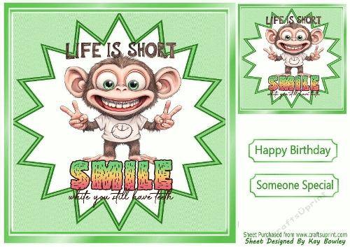 Funky Green 8X8 Card Front/Topper, With A Cheeky Monkey