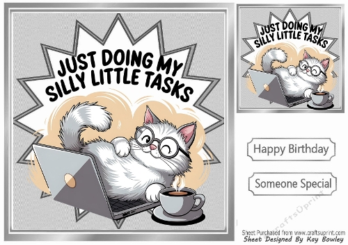 Funky Silver 8X8 Card Front/Topper, Lazy Funny Cat