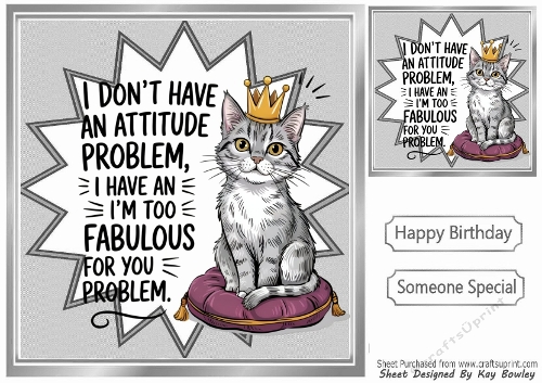 Funky Silver 8X8 Card Front/Topper, Cat On A Cushion