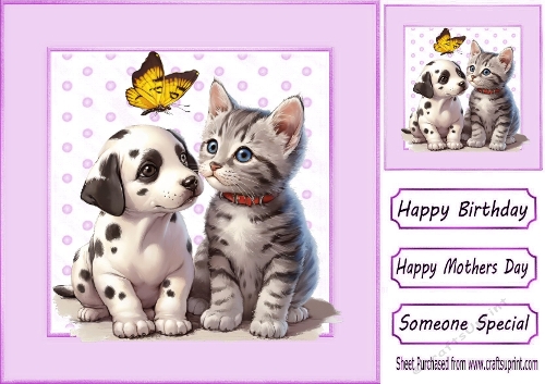 Cute Kitten & Puppy With Butterfly In lilac Polkadot Frame