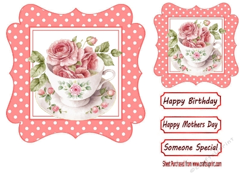 Rose Wavy Polkadot 7X7 Card Front With Roses In A Teacup