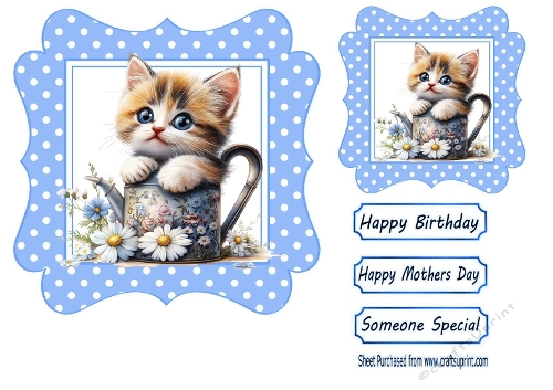 Blue Wavy Polkadot 7X7 Card Front With Kitten & Flowers