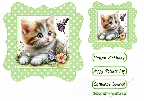Green Wavy Polkadot 7X7 Card Front With Kitten & Butterfly