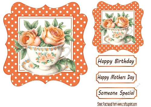 Orange Wavy Polkadot 7X7 Card Front With Peach Roses In A Teacup