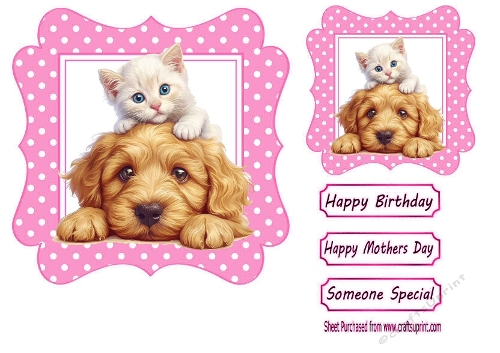 Pink Wavy Polkadot 7X7 Card Front/Toppers With Puppy/White Kitty
