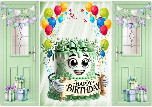 Green Gatefold With Balloons & Whimsical Face Cake (THREE)