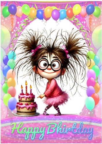 A4 Birthday Card With Balloons, And Quirky Girl (one)