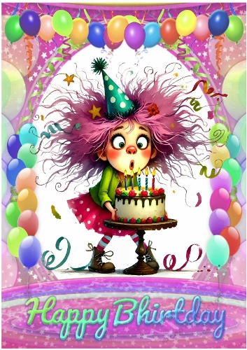 A4 Birthday Card With Balloons, And Quirky Girl (Two)