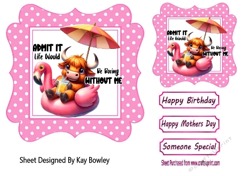 Pink Wavy Polkadot 7X7 Card Front/Toppers With Animal Humour (ONE)