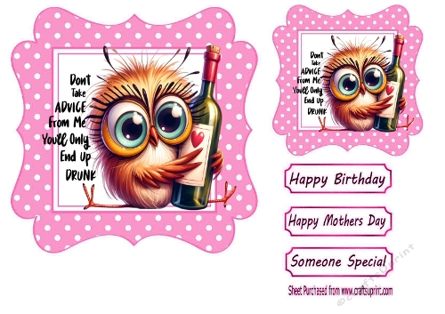 Pink Wavy Polkadot 7X7 Card Front/Toppers With Animal Humour (TWO)