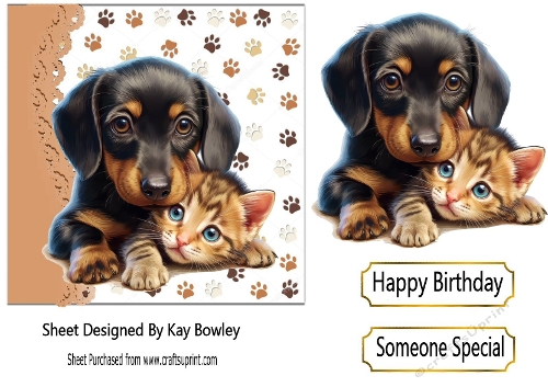Cute Dachshund & Kitten With Paw Prints Topper 7x7