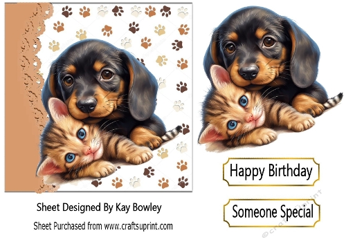 Cute Dachshund & Kitten With Paw Prints Topper 7x7 (TWO)