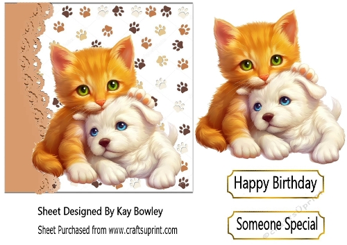 Cute Puppy &  Ginger Kitten With Paw Prints Topper 7x7 (THREE)