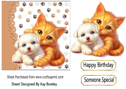 Cute White Puppy &  Kitten With Paw Prints Topper 7x7 (FOUR)