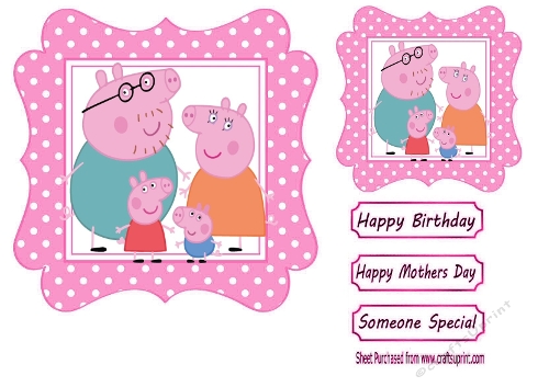 Peppa Pig With Family In Pink Spot 7x7 Topper