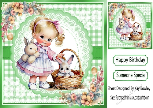 Cute Little Girl With Bunnies In Green Gingham 8X8 Frame (TWO)
