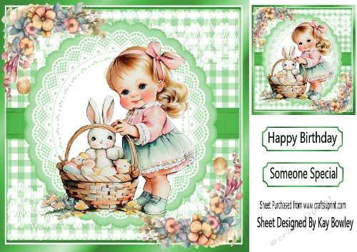 Cute Little Girl With Bunnies In Green Gingham 8X8 Frame (THREE)