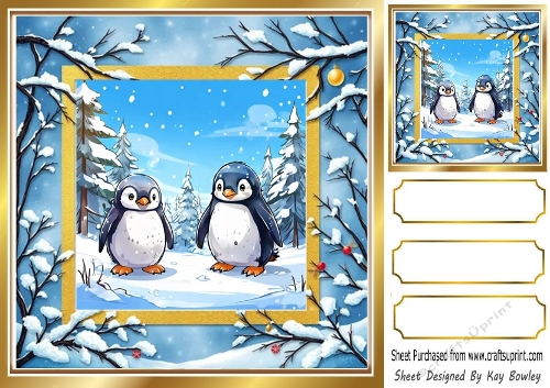 Cute Penguins In Christmas Scene 8X8 Card (FOUR)