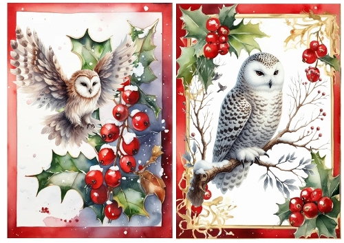 2 Lovely Gold Red Berries A5 Card Fronts With Winter Owls
