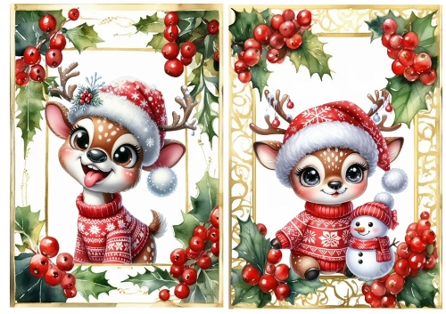 2 Lovely Gold Red Berries A5 Card Fronts With Cheeky Reindeers