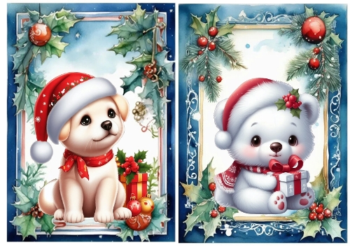 2 Lovely Blue Holly & Baubles A5 Card Fronts With Puppy/Bear (ONE & TWO)