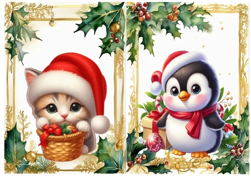 2 Lovely Gold Green Holly With Baubles A5 Card With Penguin/Kitten (ONE & TWO)