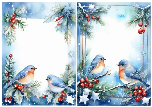 2 Pretty Blue Birds Snow/Holly/Red Berries A5 Card Fronts (ONE/TWO)