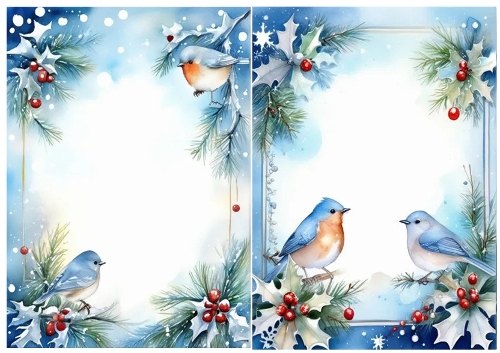 2 Pretty Blue Birds Snow/Holly/Red Berries A5 Card Fronts (THREE/FOUR)