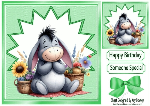 Lovely Eeyore With Flowers 8x8 Card Front (Green)