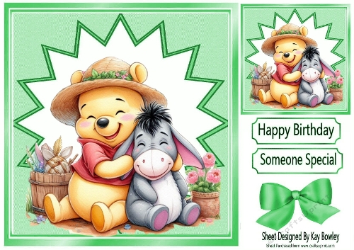 Lovely Pooh Bear Cuddling Eeyore With Flowers 8x8 Card Front (Green)