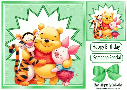 Lovely Pooh Bear Loves Cuddling With Friends 8x8 Card Front (Green)