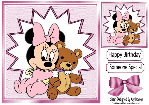 Lovely Minnie Mouse With Bear 8x8 Card Front (Pink)